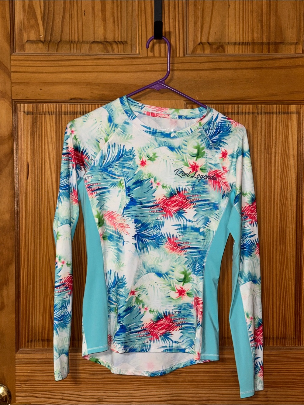 Reel Legends Tropical Floral Long-Sleeve Rash Guard in Aqua and Coral